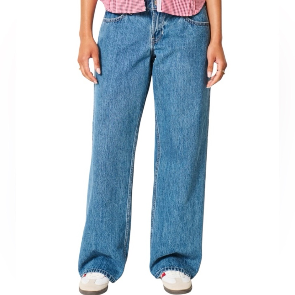 Hollister Low Rise Baggy Jeans Size 00 24 Distressed Wide Leg 100% Cotton Denim - Picture 3 of 14